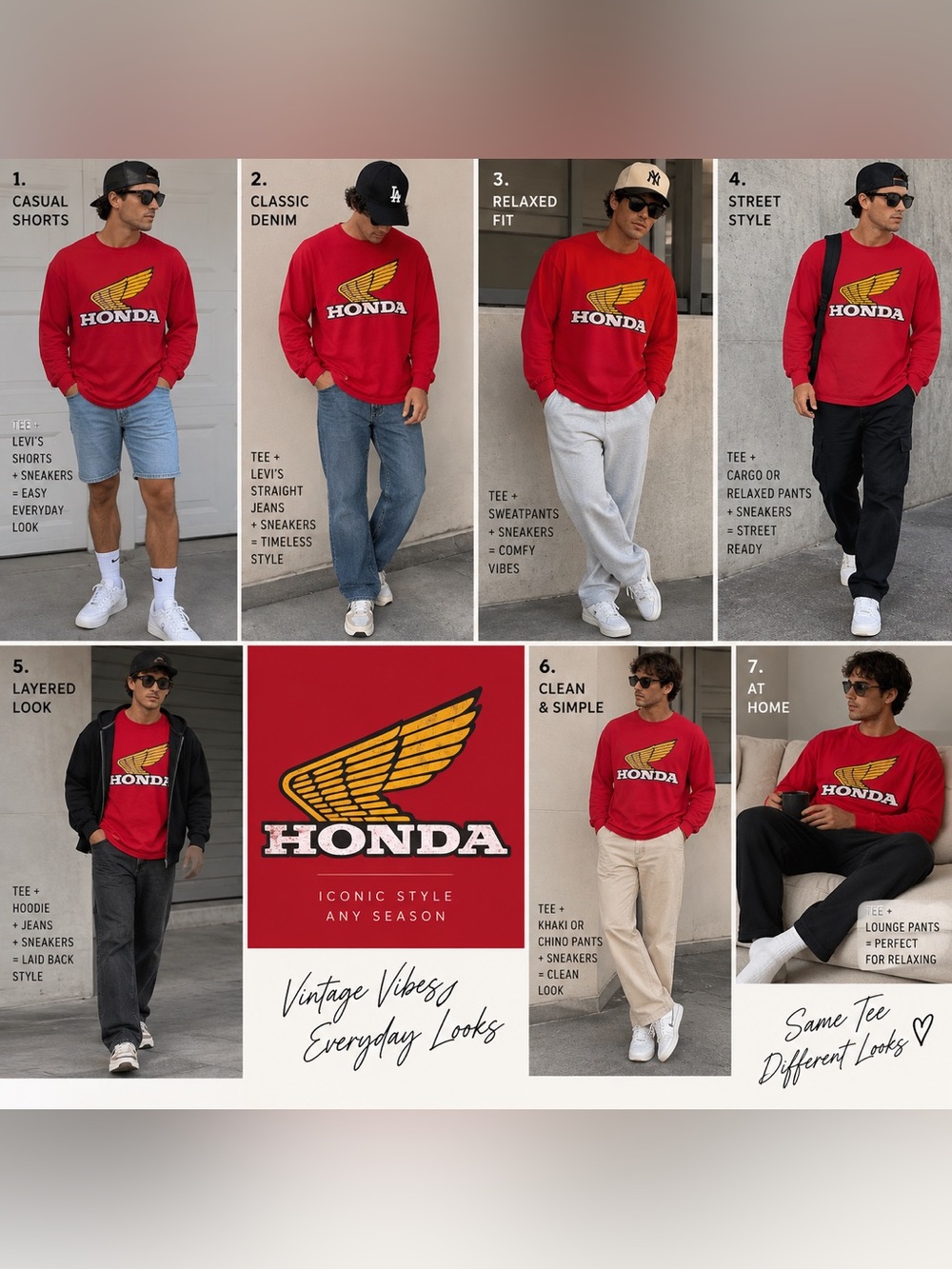 Honda Men's Red Long-Sleeve Logo Tee - Classic Vintage Wing